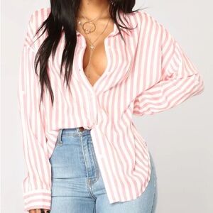 Fashion Nova Pink and White Striped Button Down Shirt